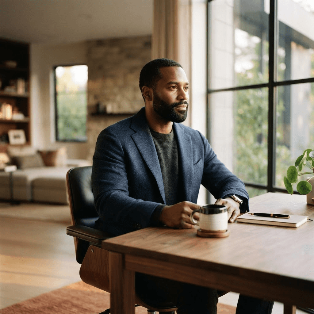 A Black man seated at a table beside a sunlit window