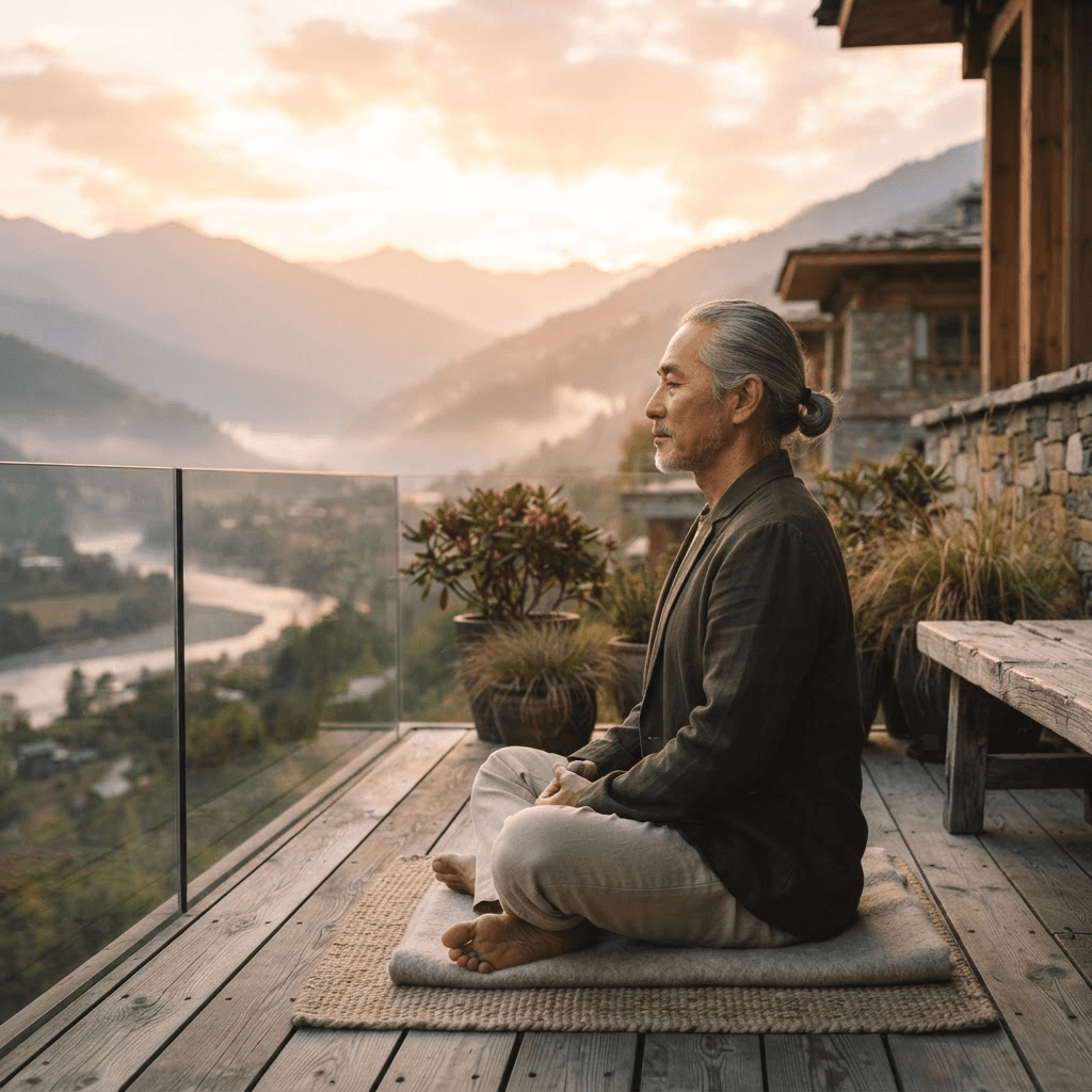 An older Asian man meditating on a terrace overlooking mountains at sunrise