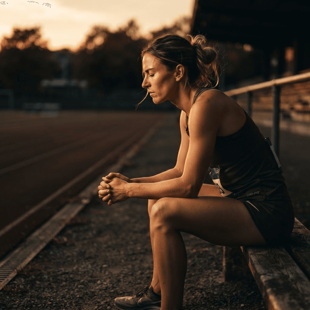 A woman athlete resting beside an outdoor running track at sunset