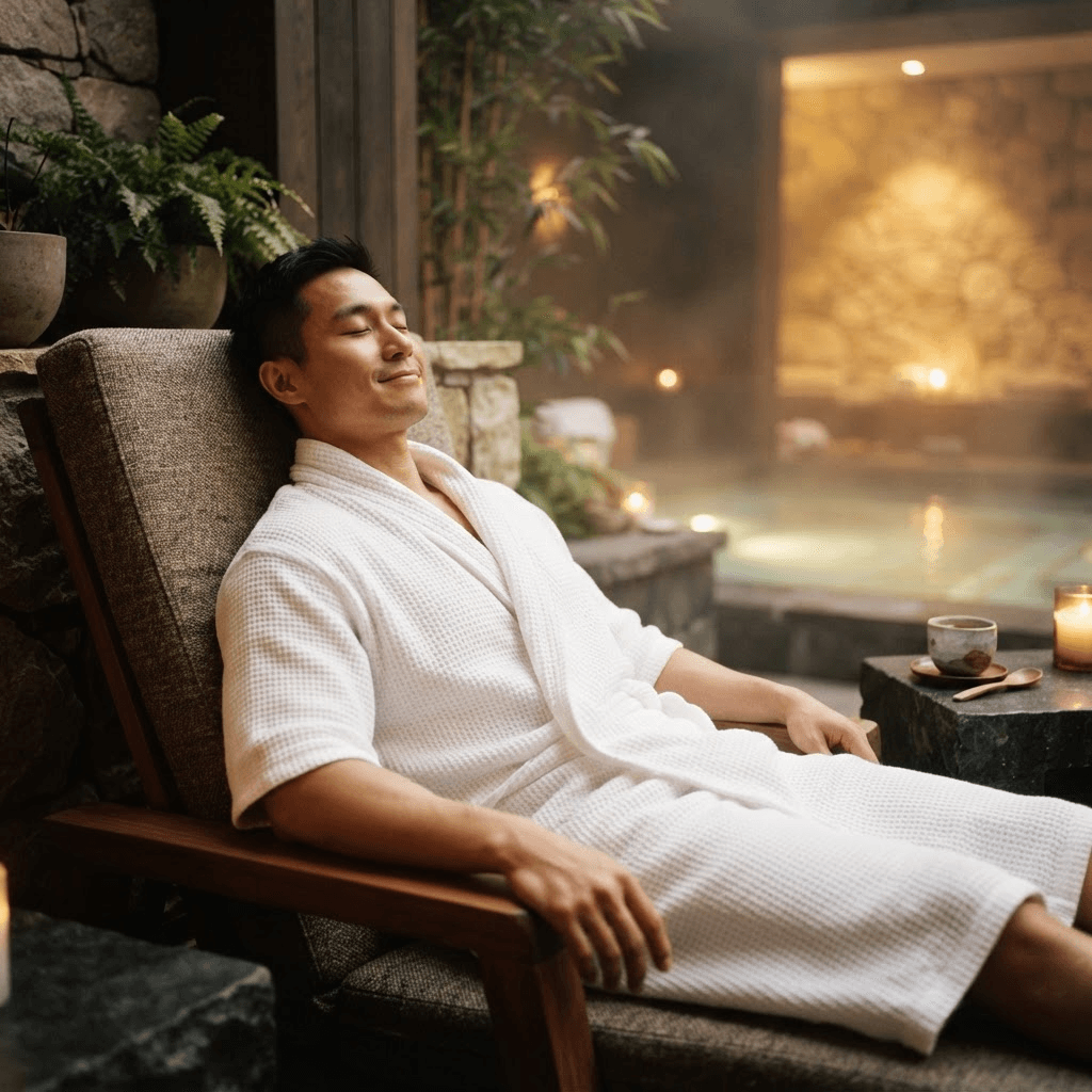 An Asian man relaxing in a luxury spa recovery setting