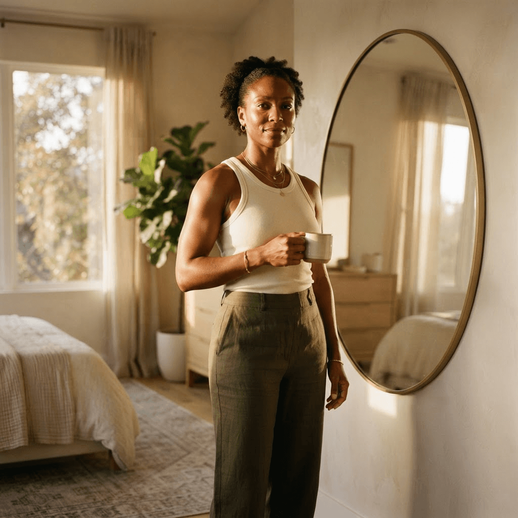 A Black woman holding a mug in a sunlit bedroom