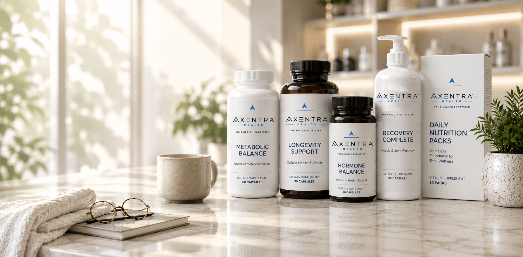 Axentra Health product lineup on marble countertop