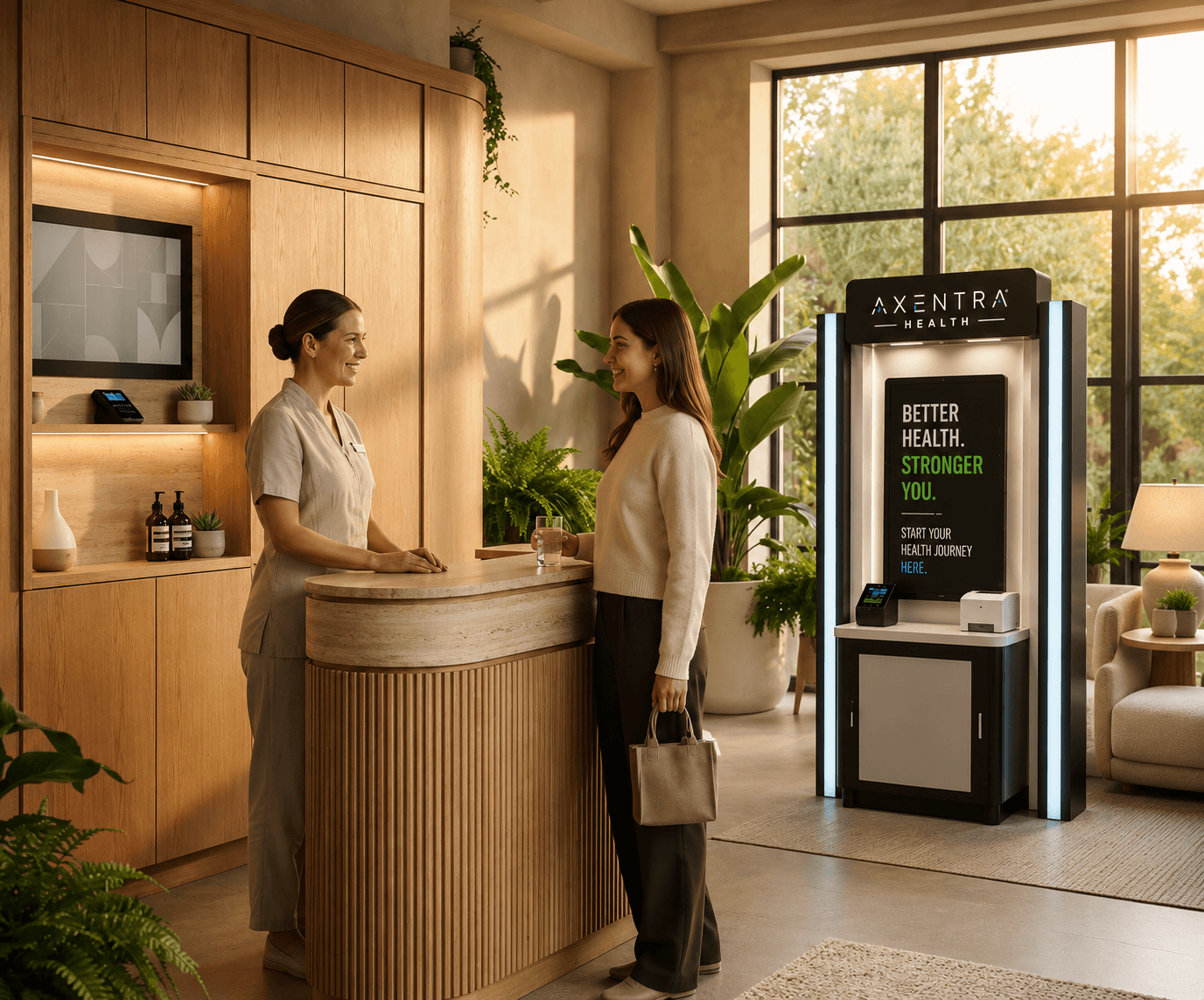 A med spa receptionist greeting a client beside an Axentra Health kiosk