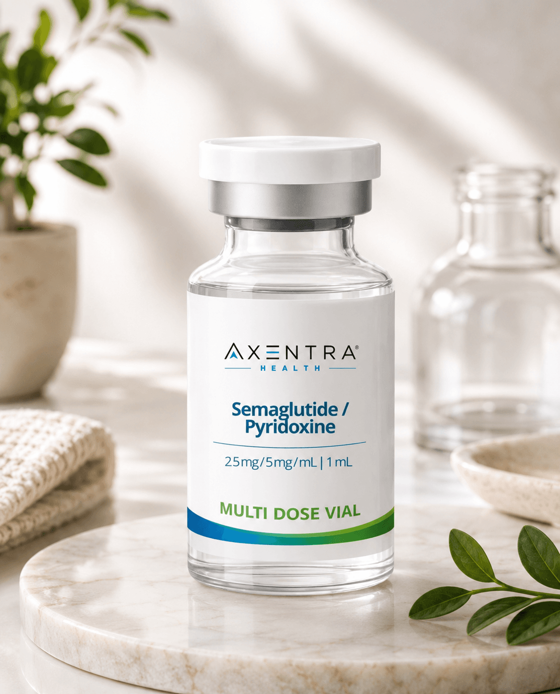 Axentra Health multi-dose vial on a marble surface